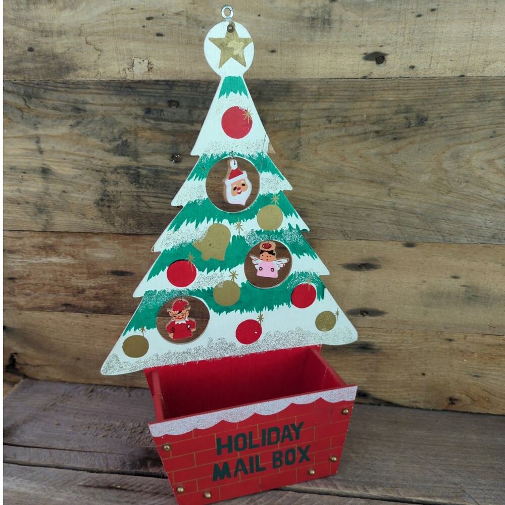Vintage Holiday Mail Box Wooden Decorated Christmas Tree Card Holder
